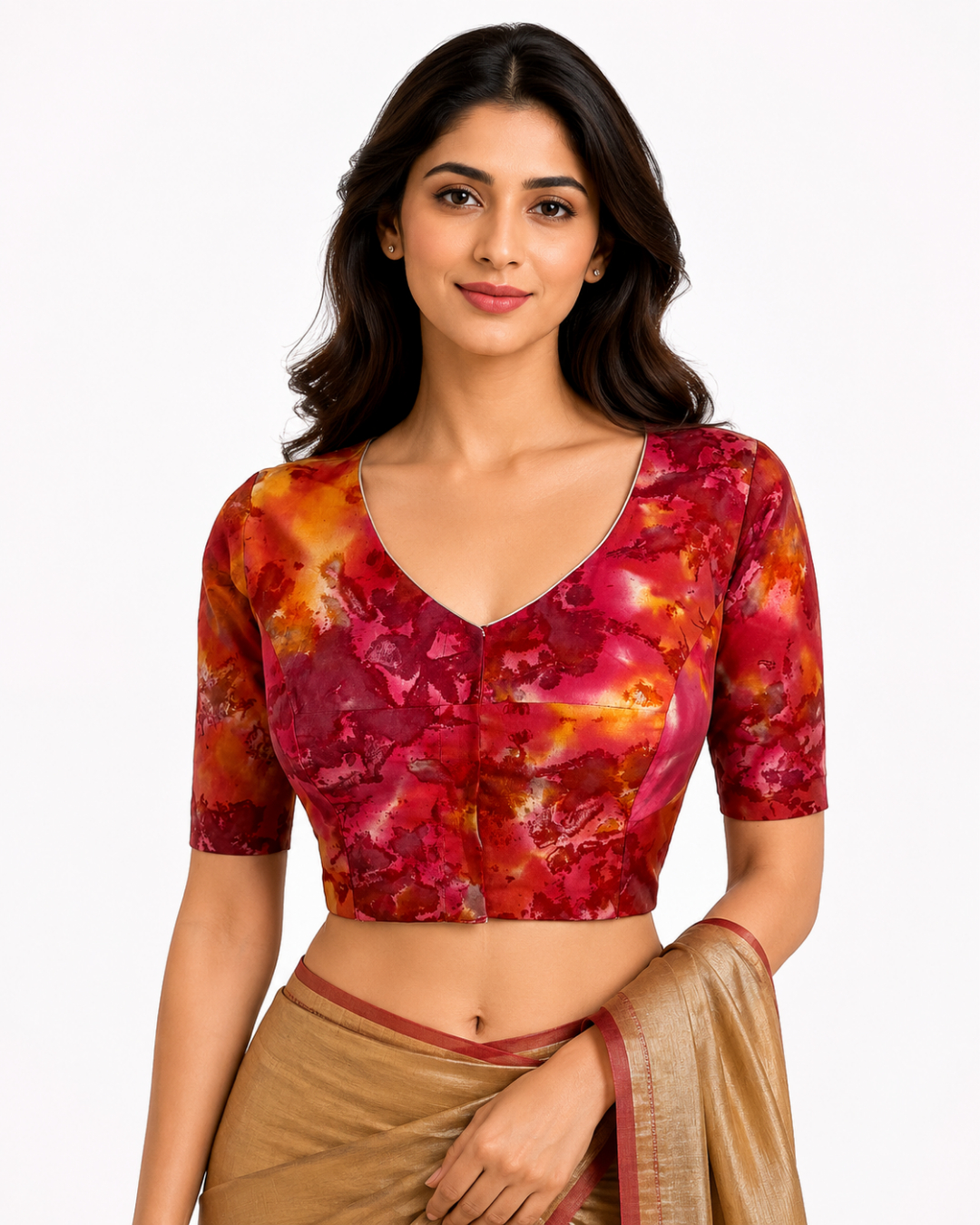 Bathik Cotton V neck Blouse, Multicolor, BP1205