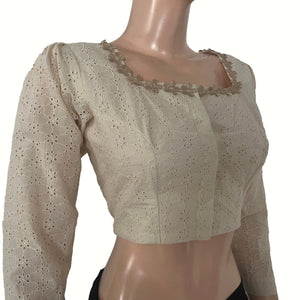 Hakoba Cotton Square Neck Blouse with Lace Details, Puff Full Sleeves & Lining , Off White, BW1185