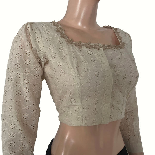 Hakoba Cotton Square Neck Blouse with Lace Details, Puff Full Sleeves & Lining , Off White, BW1185