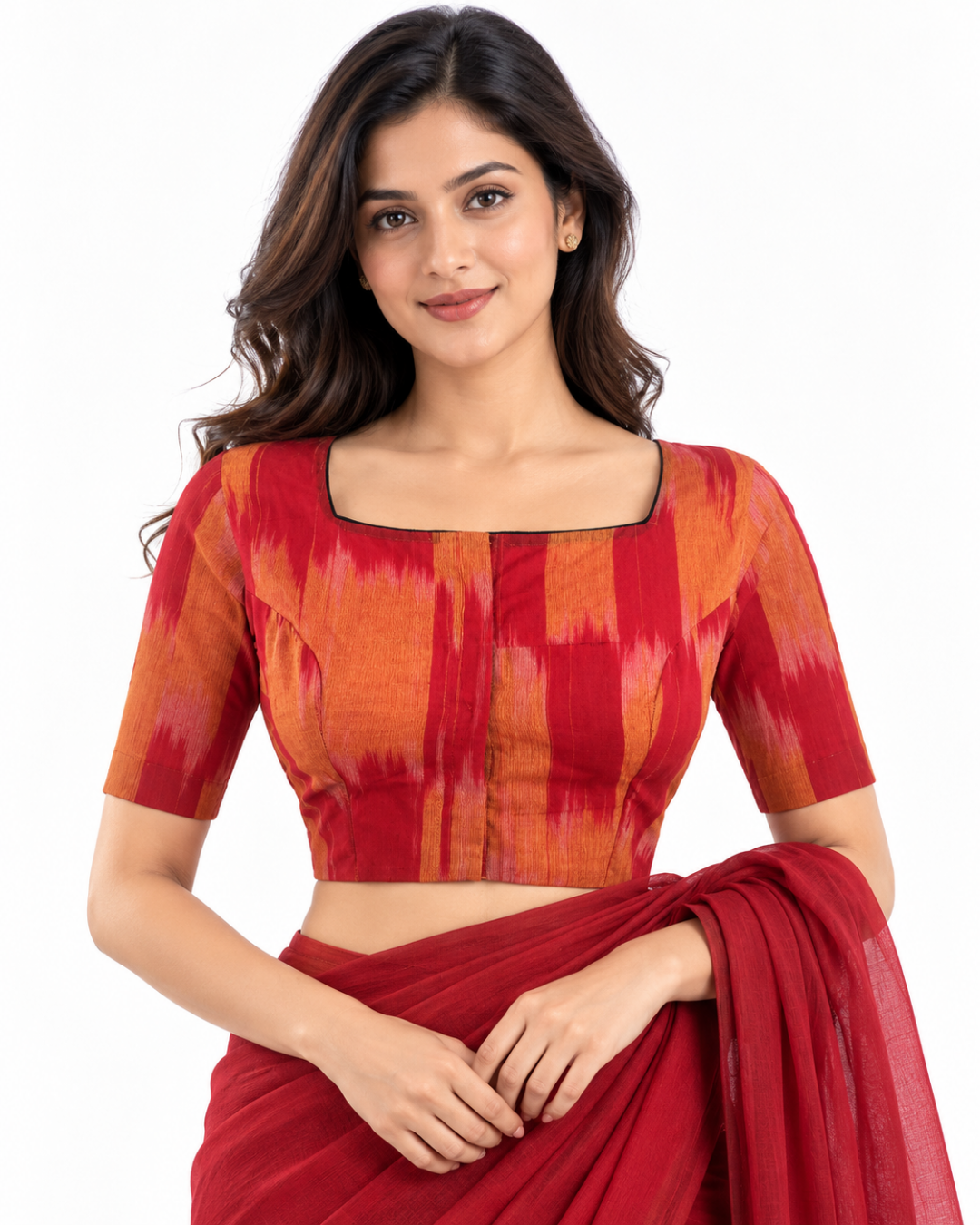 Mangalgiri Tie Dye Cotton Square Neck Blouse, Yellow – Rust, BH1107