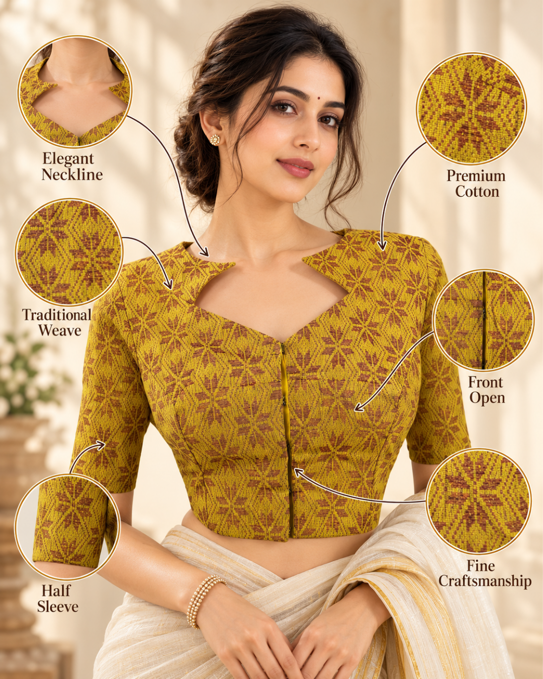 Jacquard Cotton Diamond neck Blouse with Lining,  Yellow,  BH1262
