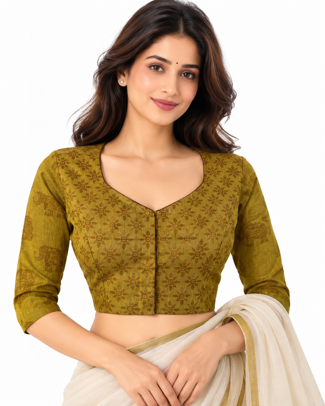 Jacquard Cotton Sweetheart neck Blouse wit Lining, Mustard, BH1268