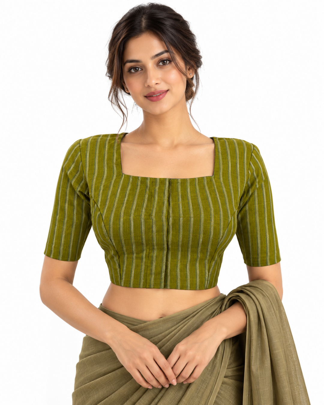 Woven Slub  Cotton Striped Square neck Blouse with Lining,  Olive Green,  BH1225