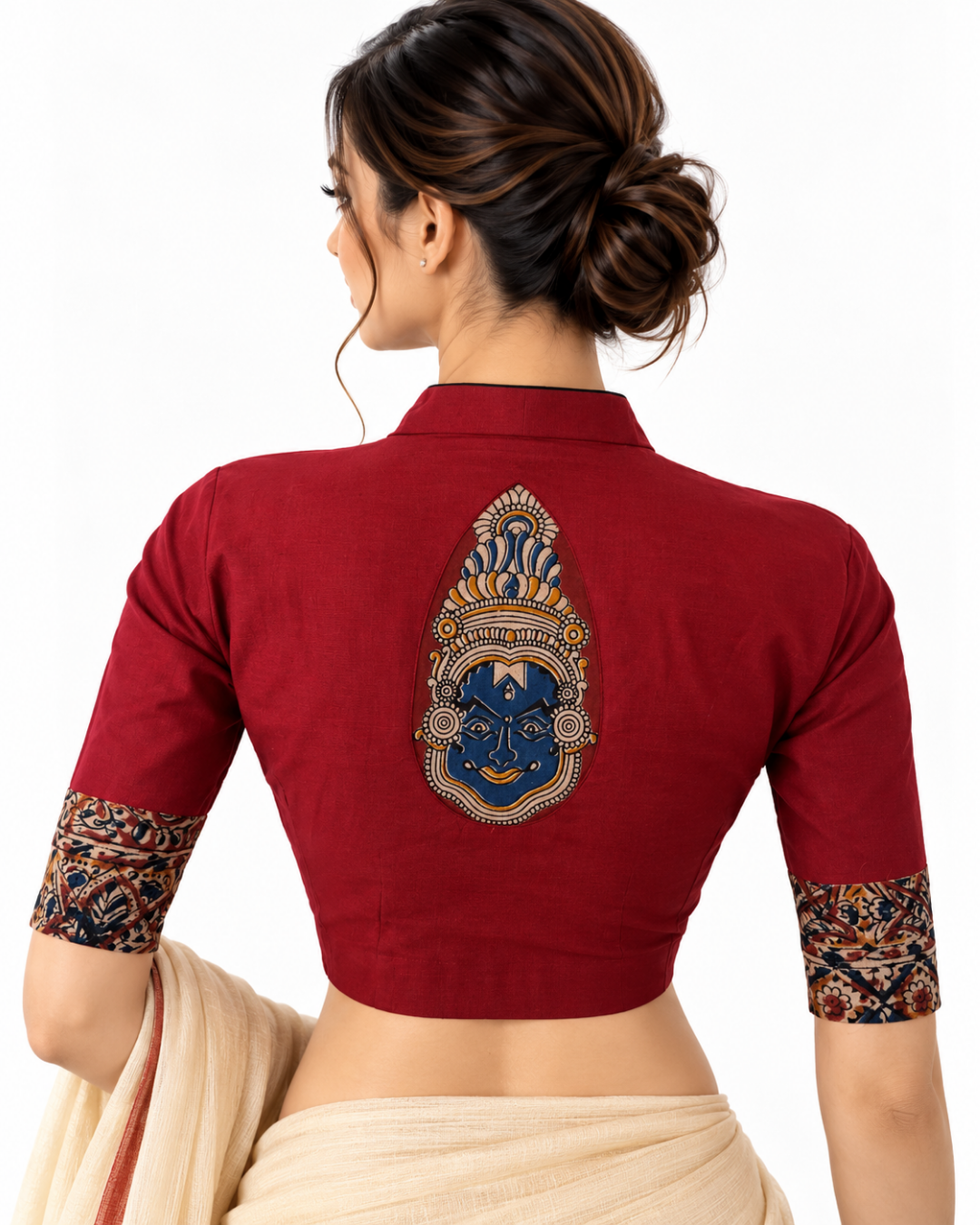 Flex Cotton High neck Blouse with Kalamkari Patches,  Maroon, BH1338