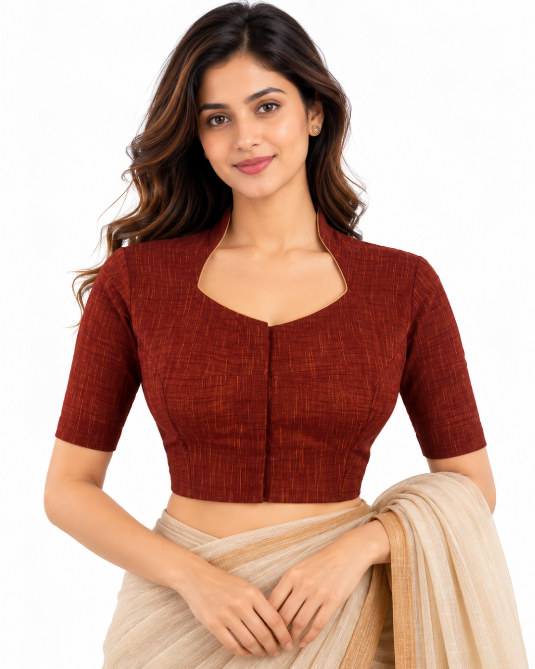 Handloom Slub Cotton High  neck Blouse , Brown , BH1304
