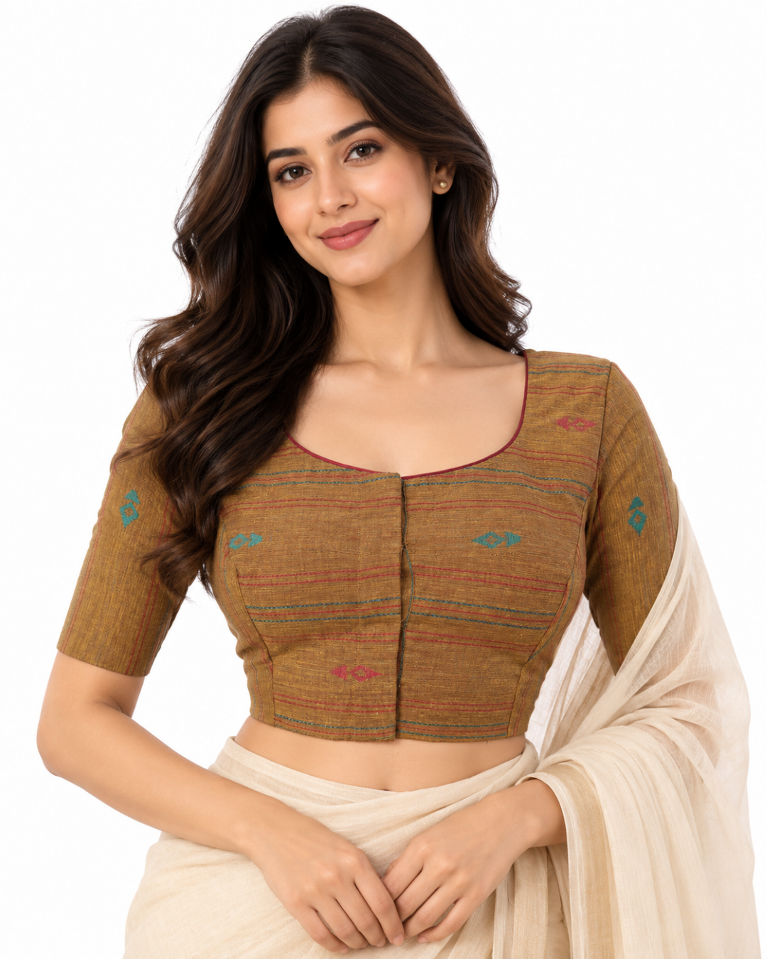 Handloom Jacquard Roundneck Blouse with Tear Drop Cut & Lining,  Mustard -  Yellow,  BH1229