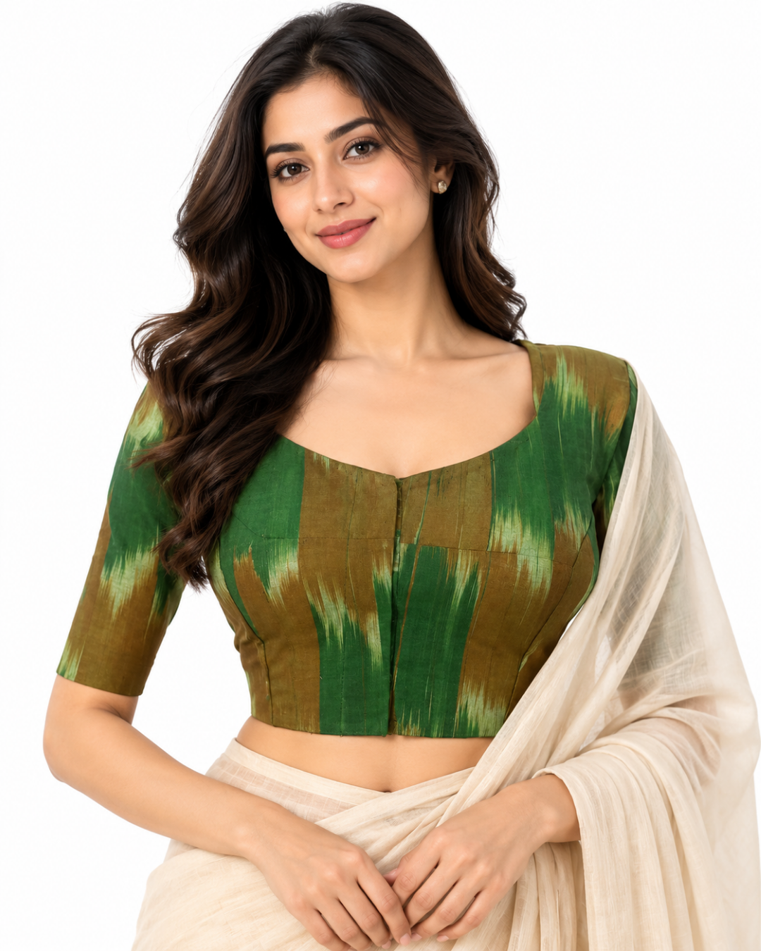 Mangalgiri  Tie - dye  Cotton Sweetheart neck Blouse,  Green - Brown,   BH1250