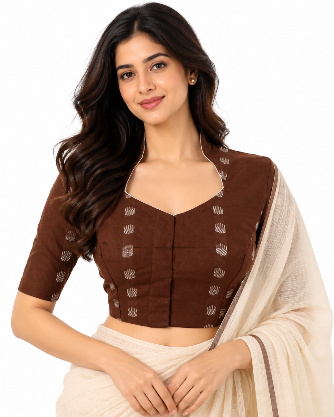 Jacquard Cotton High neck Blouse with lining , Brown, BH1290