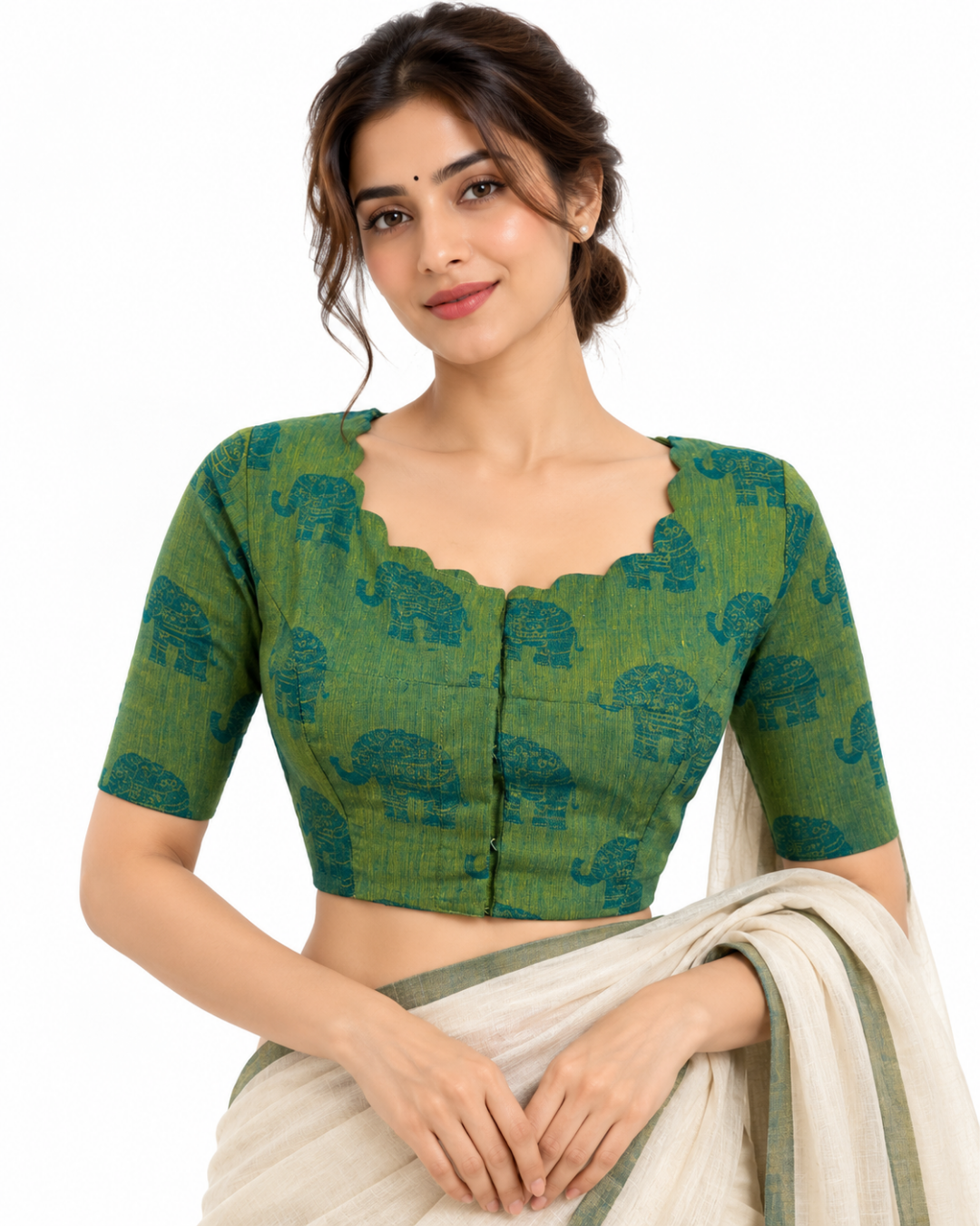 Jacquard Cotton Scallop neck Blouse wit Lining, Parrot Green, BH1271