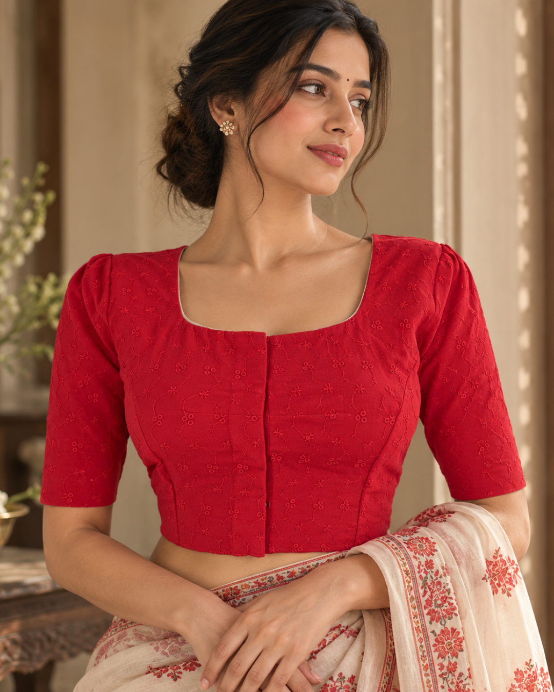Hakoba Cotton Square - U neck Blouse with Puff Sleeves & Lining,  Pink, BW1161