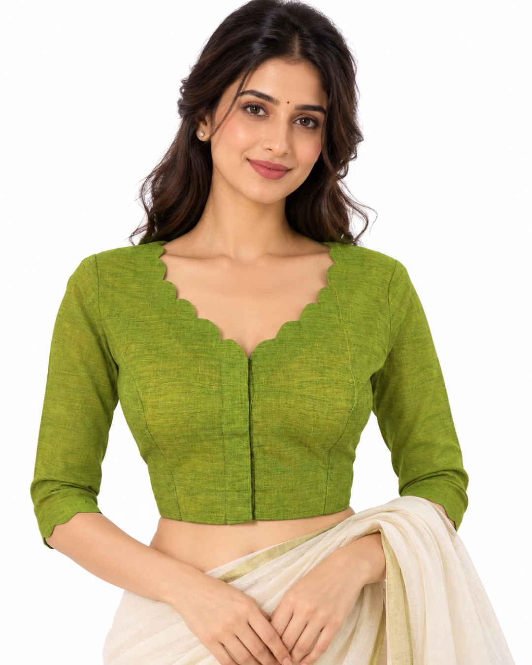 Slub Cotton Scallop V neck Blouse with Lining , Light Green, BH1205