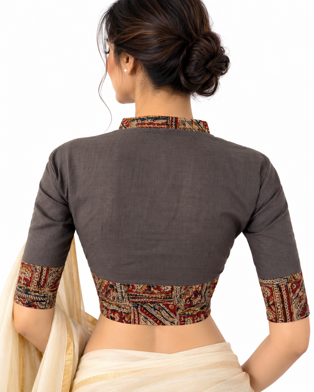 Handloom Flex Cotton V-collar neck Blouse with Kalamkari Patches,Grey, BH1298