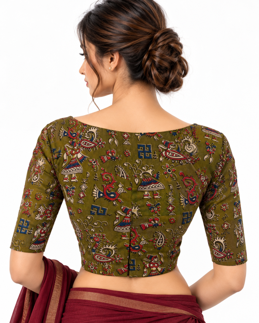 Kalamkari  Cotton  Round neck Blouse,  Olive Green,  BK1260