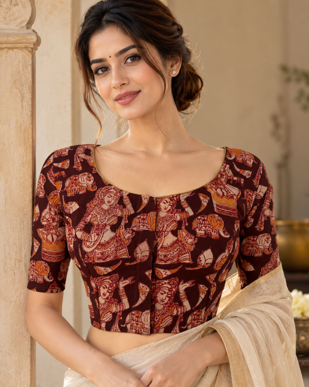 Kalamkari Cotton Round  Neck Blouse ,Black, BK1323.