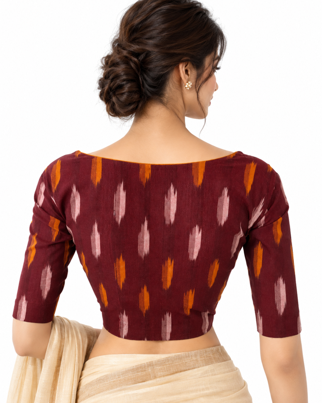 Ikat Cotton Sweetheart neck Blouse, Maroon, BI1152
