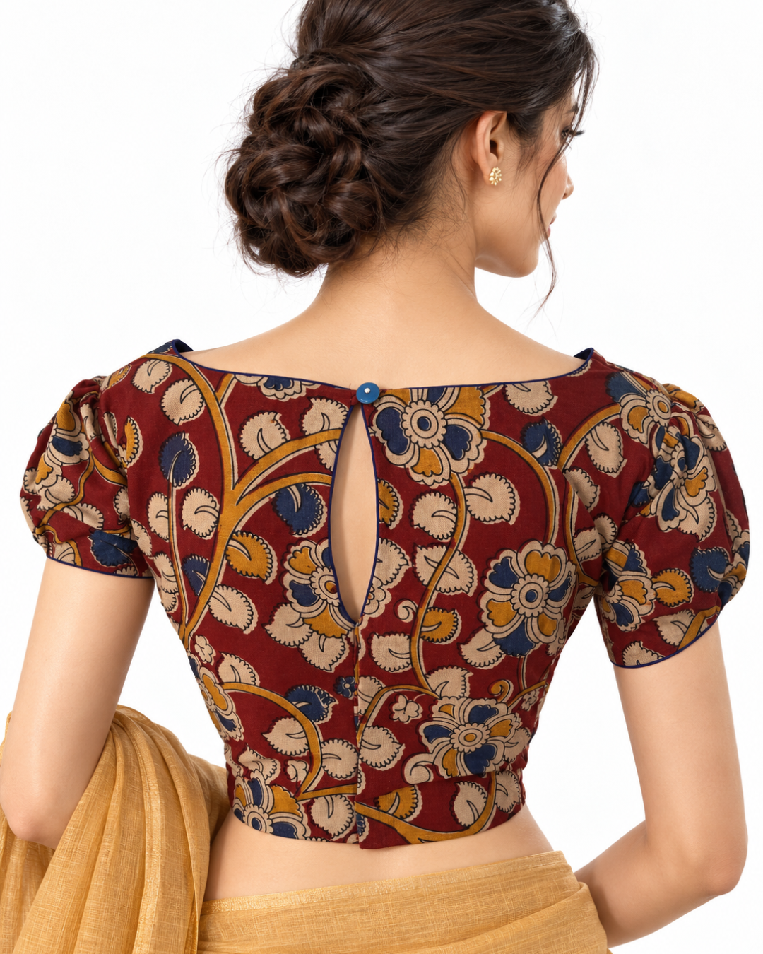 Kalamkari  Cotton  Boat neck  Blouse with Puff Sleeves, Backopen,  Multicolor,  BK1160