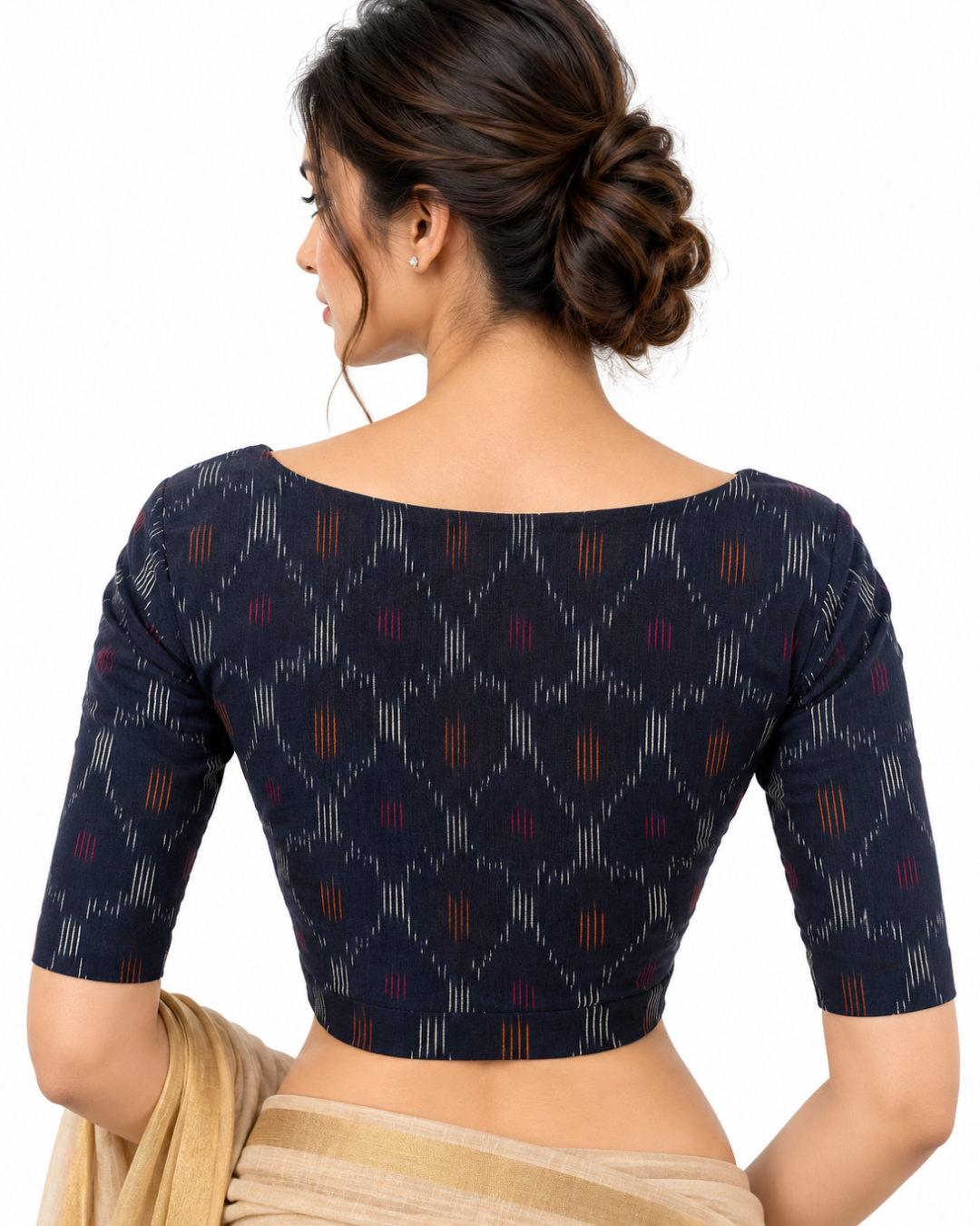 Ikat Cotton V neck Blouse, Navy blue, BI1169