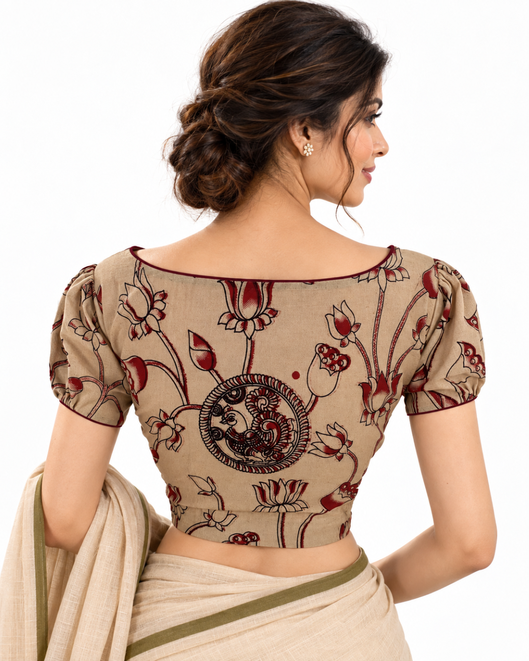 Kalamkari Cotton Boat Neck Blouse  with Puff Sleeves ,Beige , BK1322.