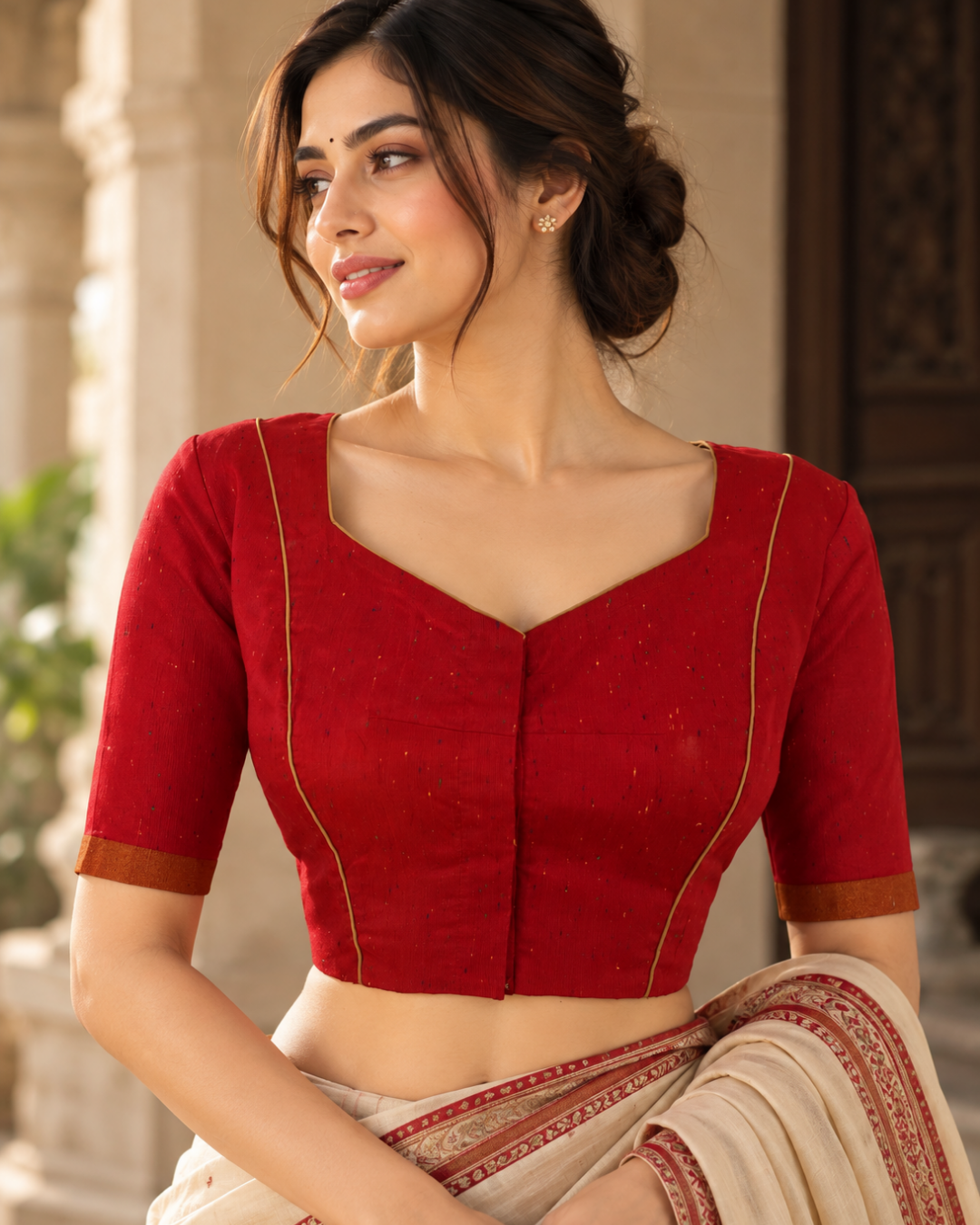 Semi Raw Silk Sweetheart Neck Blouse with Keyhole Back, Potli Button Details & Lining, Red, BS1201