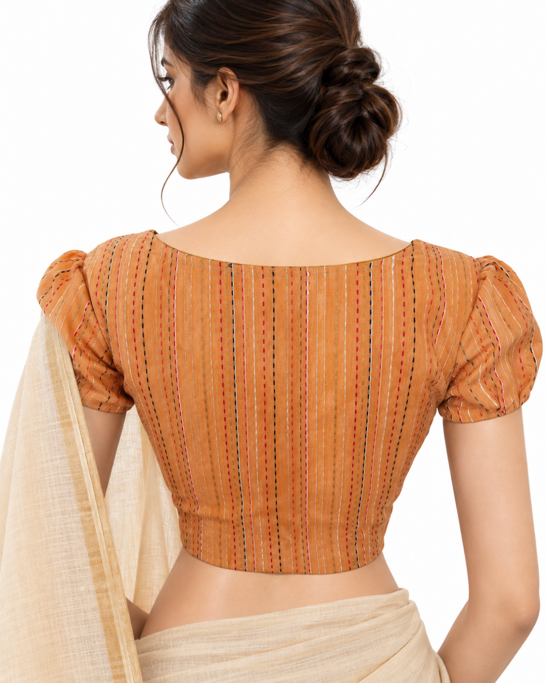 Semi Chanderi Silk Roundneck Blouse with  Kantha Stripes & Lining,  Peach,  BS1145