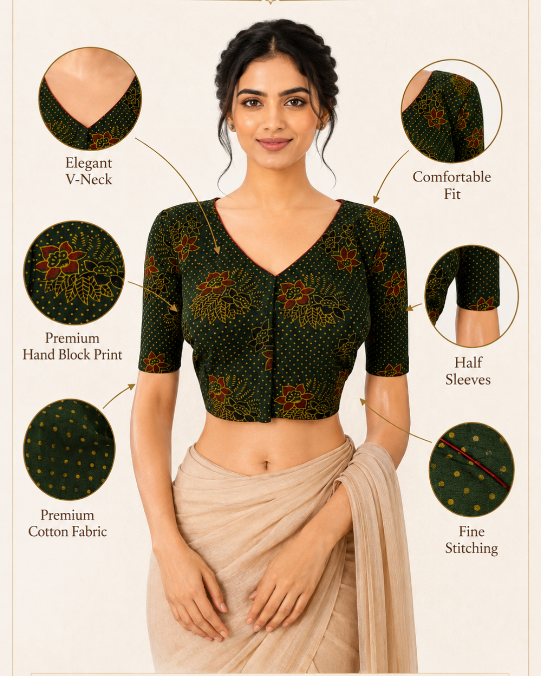 Ajrakh Cotton  V neck Blouse,   Bottle Green,  BA1140