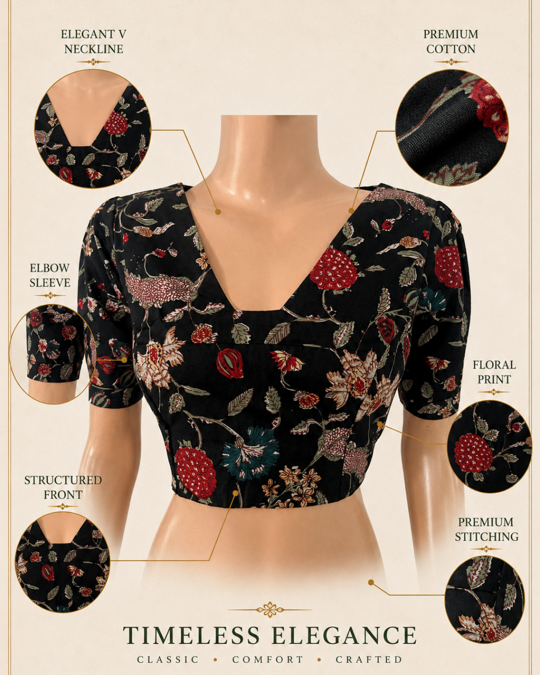 Printed Cotton Back Open Blouse with Triangle Cut in Back and Puff Sleeves  ,Black, BP1221