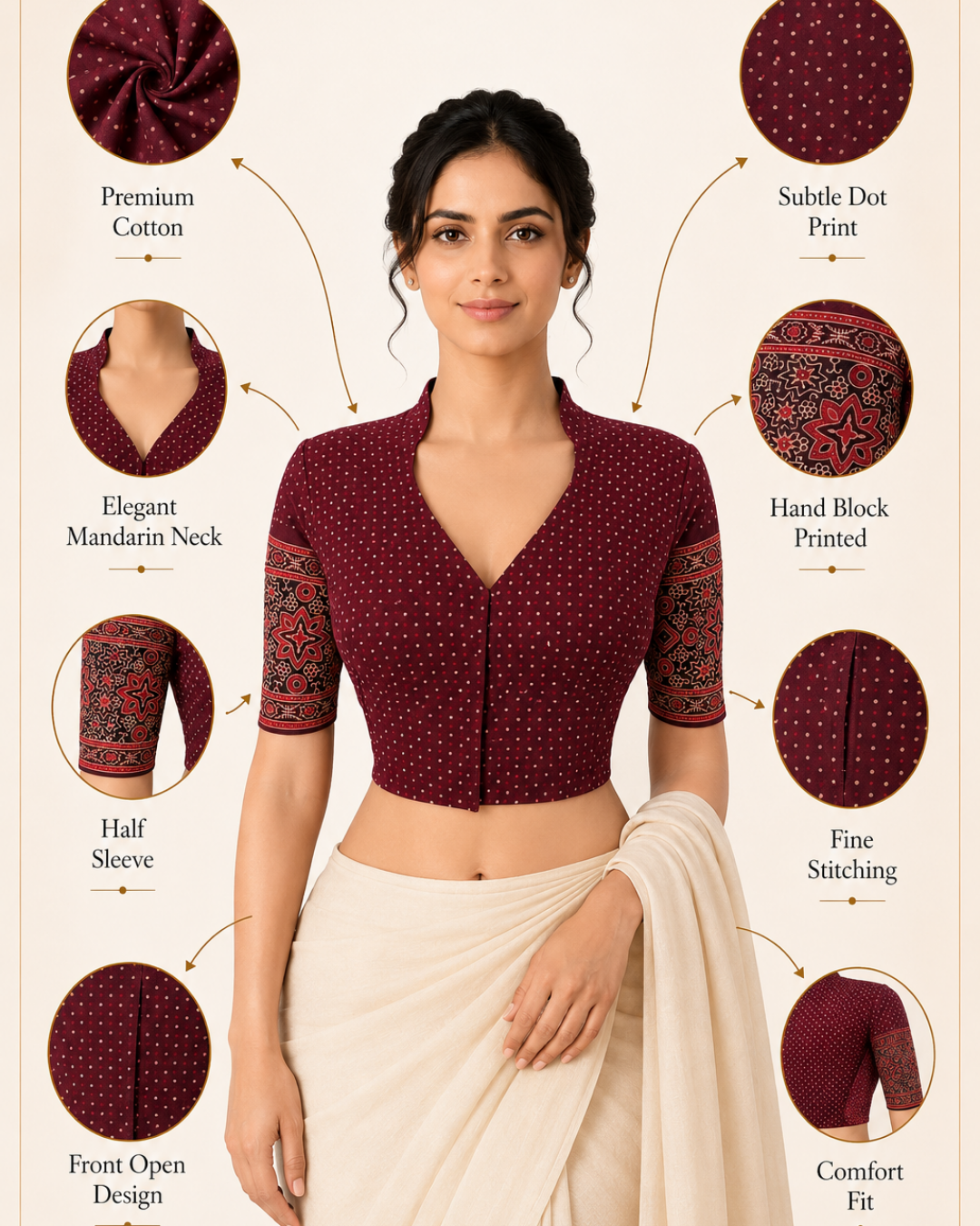 Ajrakh Cotton High Neck Blouse , Purple - Maroon ,BA1174