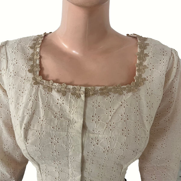 Hakoba Cotton Square Neck Blouse with Lace Details, Puff Full Sleeves & Lining , Off White, BW1185