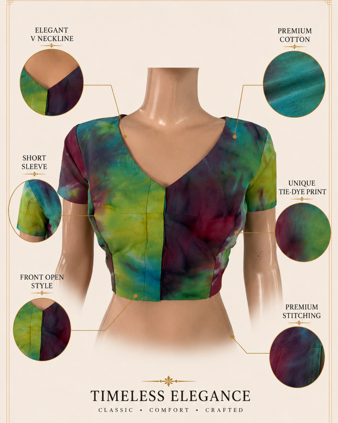 Shibori Cotton  V Neck Blouse with Short Sleeves, Multicolor, BP1125