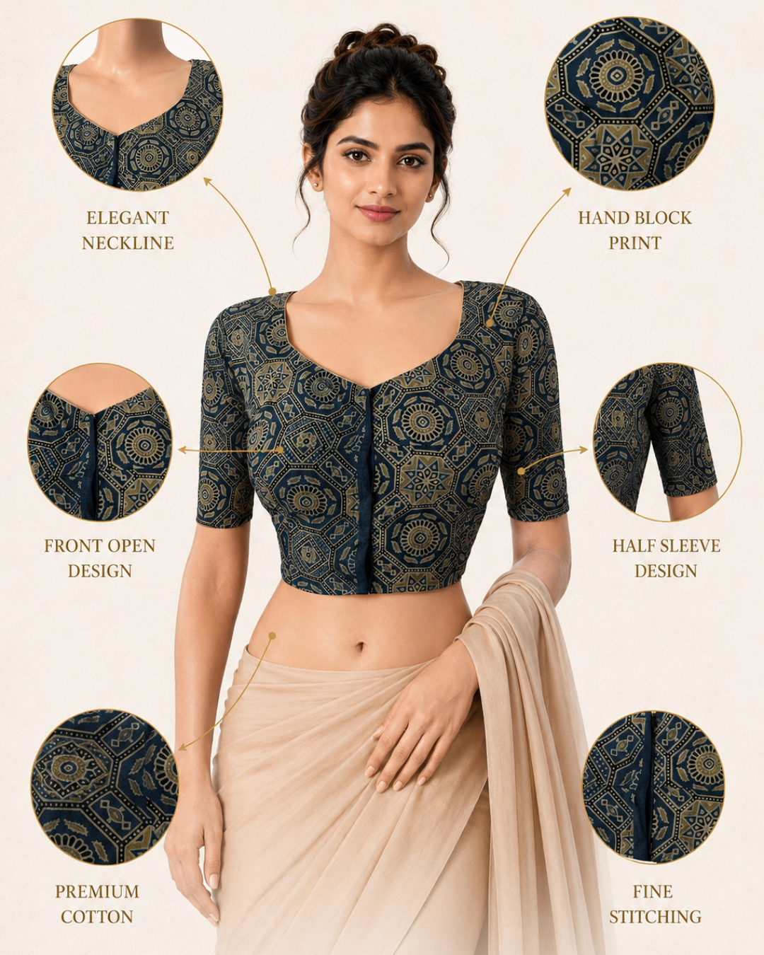Ajrakh Cotton  Sweetheart neck Blouse,   Indigo blue,  BA1151