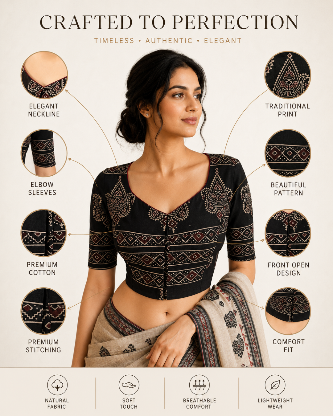 Ajrakh Cotton Sweetheart Neck Blouse ,Black , BA1189