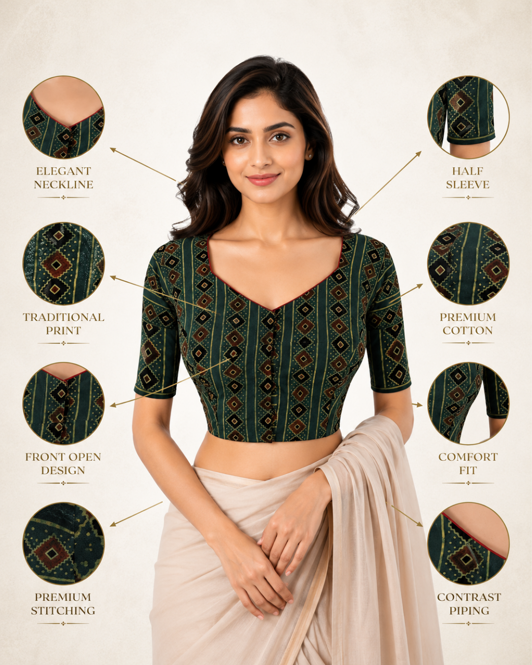 Ajrakh Cotton  Sweetheart neck Blouse, Bottle Green,  BA1102