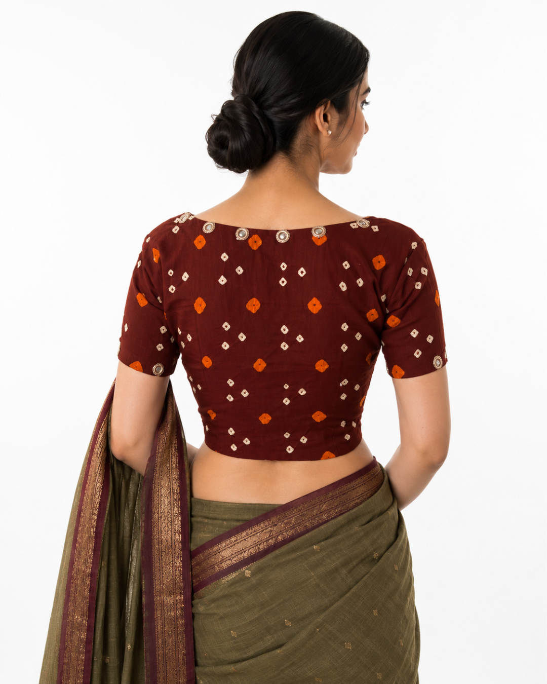 Bandhani  Cotton  V neck Blouse with Short Sleeves & Mirror Work Details,  Brown,  BP1189