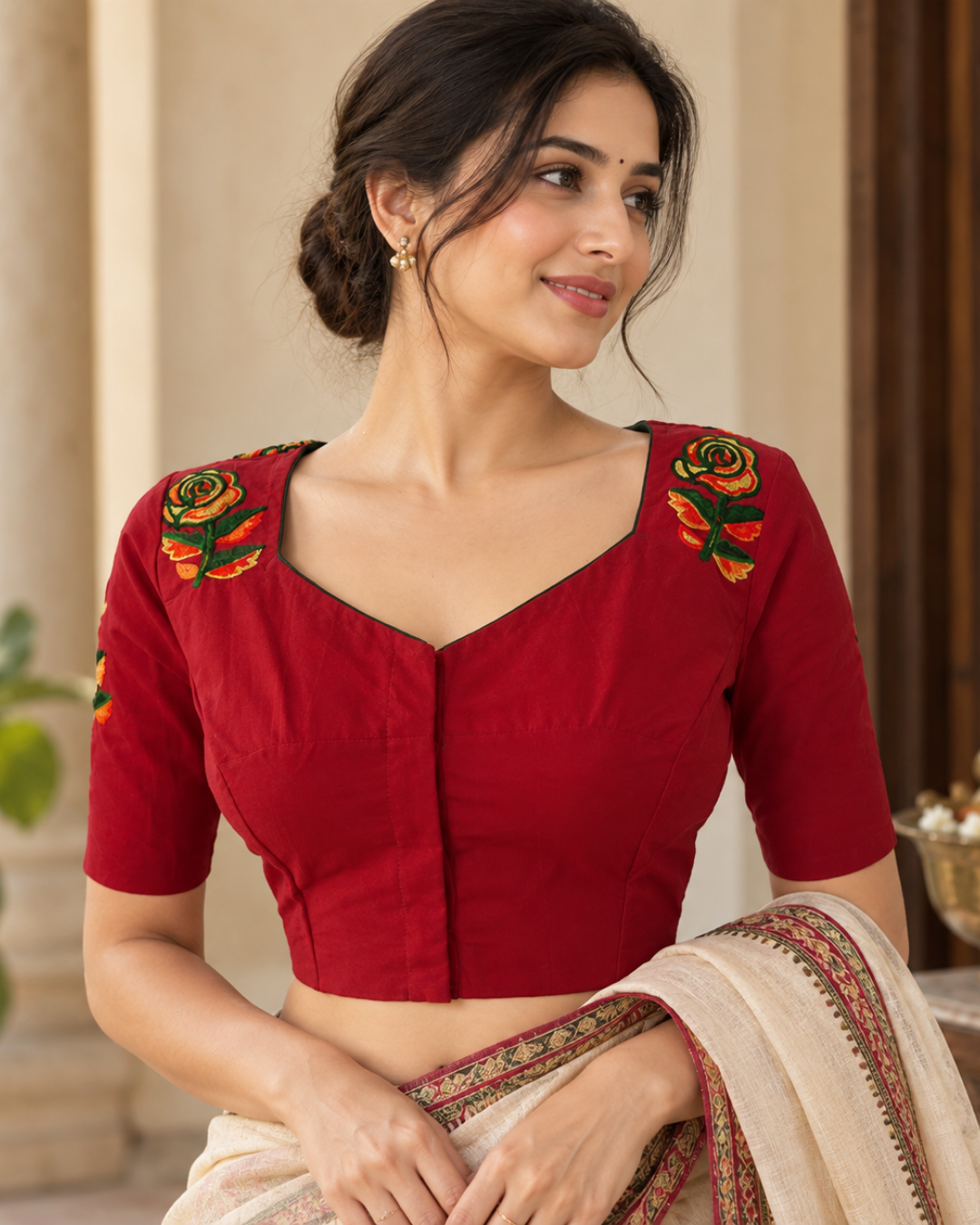 Embroidered Cotton Sweetheart neck Blouse with  Lining,  Red, BW1160