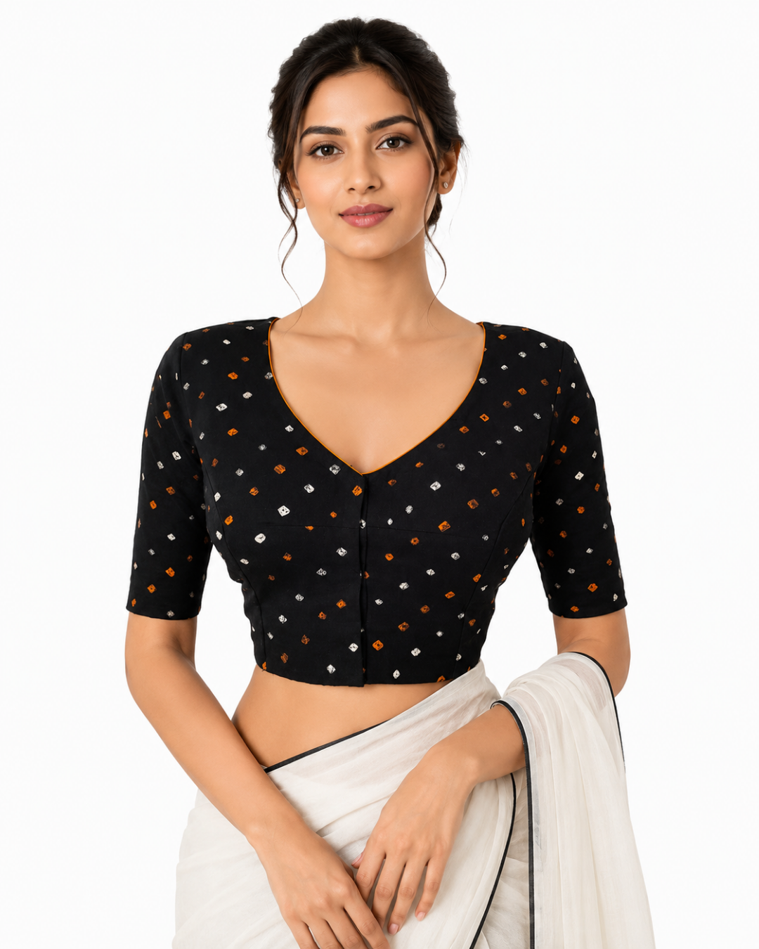 Bandhani Mul Cotton V neck Blouse with Lining, Black, BP1135