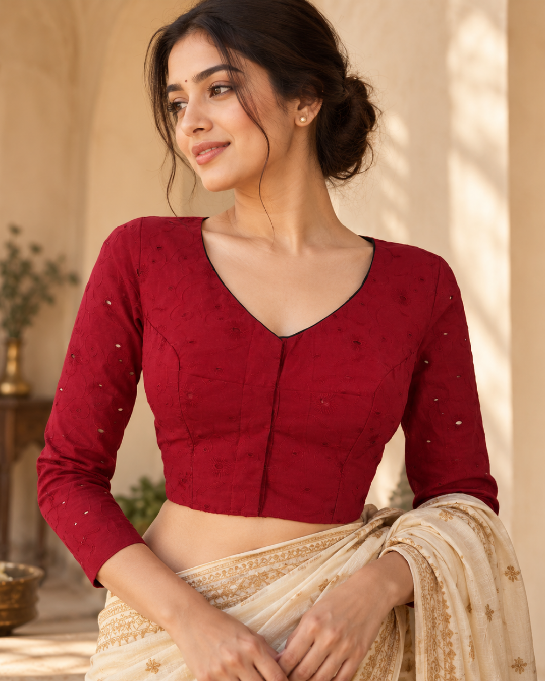 Hakoba Cutwork Cotton V neck Blouse with Lining, Maroon,  BW1124