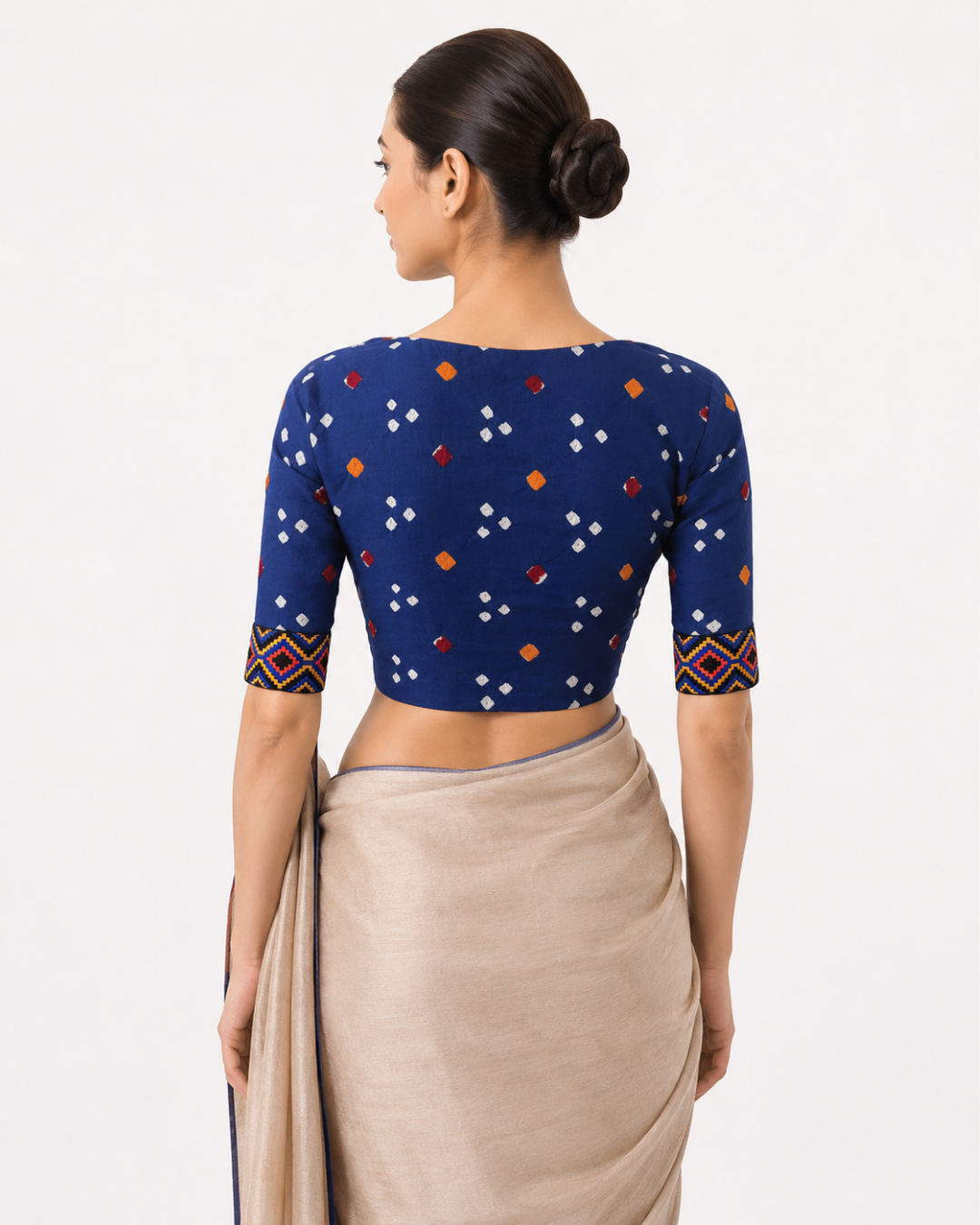 Bandhani Satin Cotton Y neck Blouse with Phoolkari Lace Border & Lining, Blue, BP1136