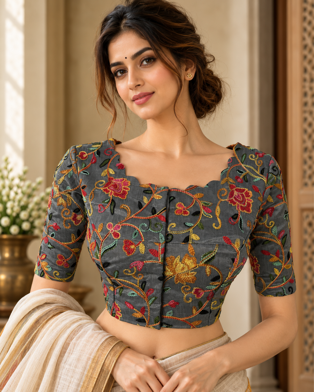 Embroidered Art Silk Scallop neck Blouse with Lining,  Grey, BS1165