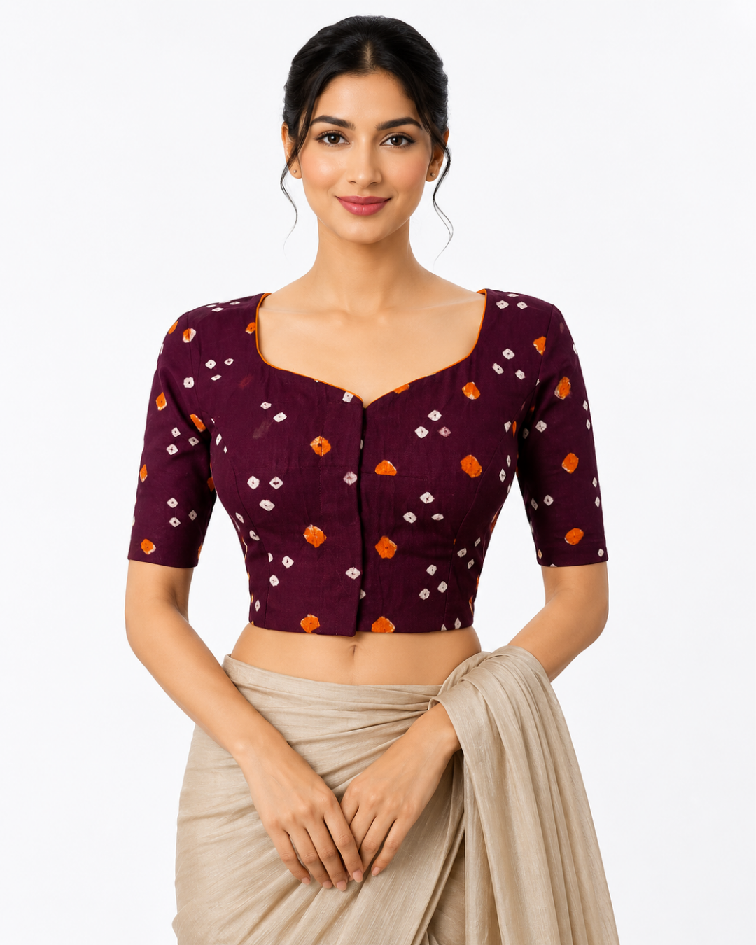 Bandhani  Cotton  Y neck Blouse with Lining,  Dark Brown,  BP1188