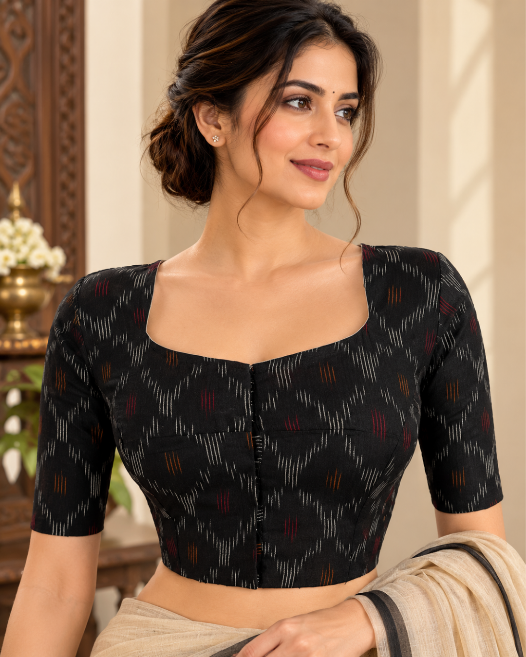 Ikat Cotton Pot neck Blouse, Black, BI1167