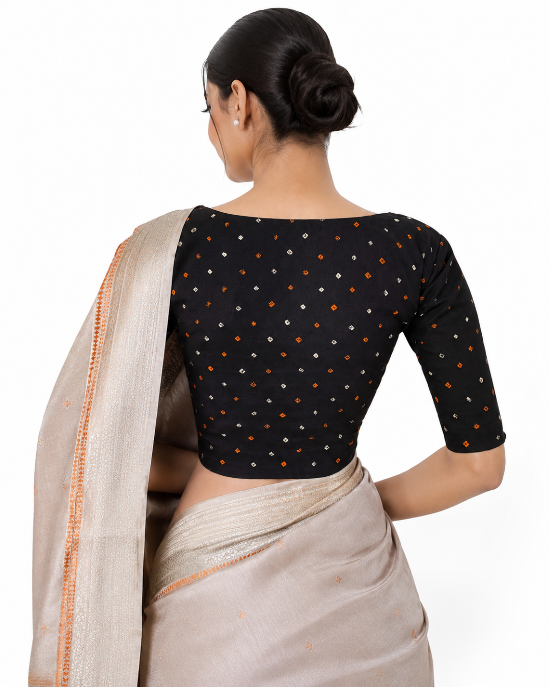Bandhani Mul Cotton V neck Blouse with Lining, Black, BP1135