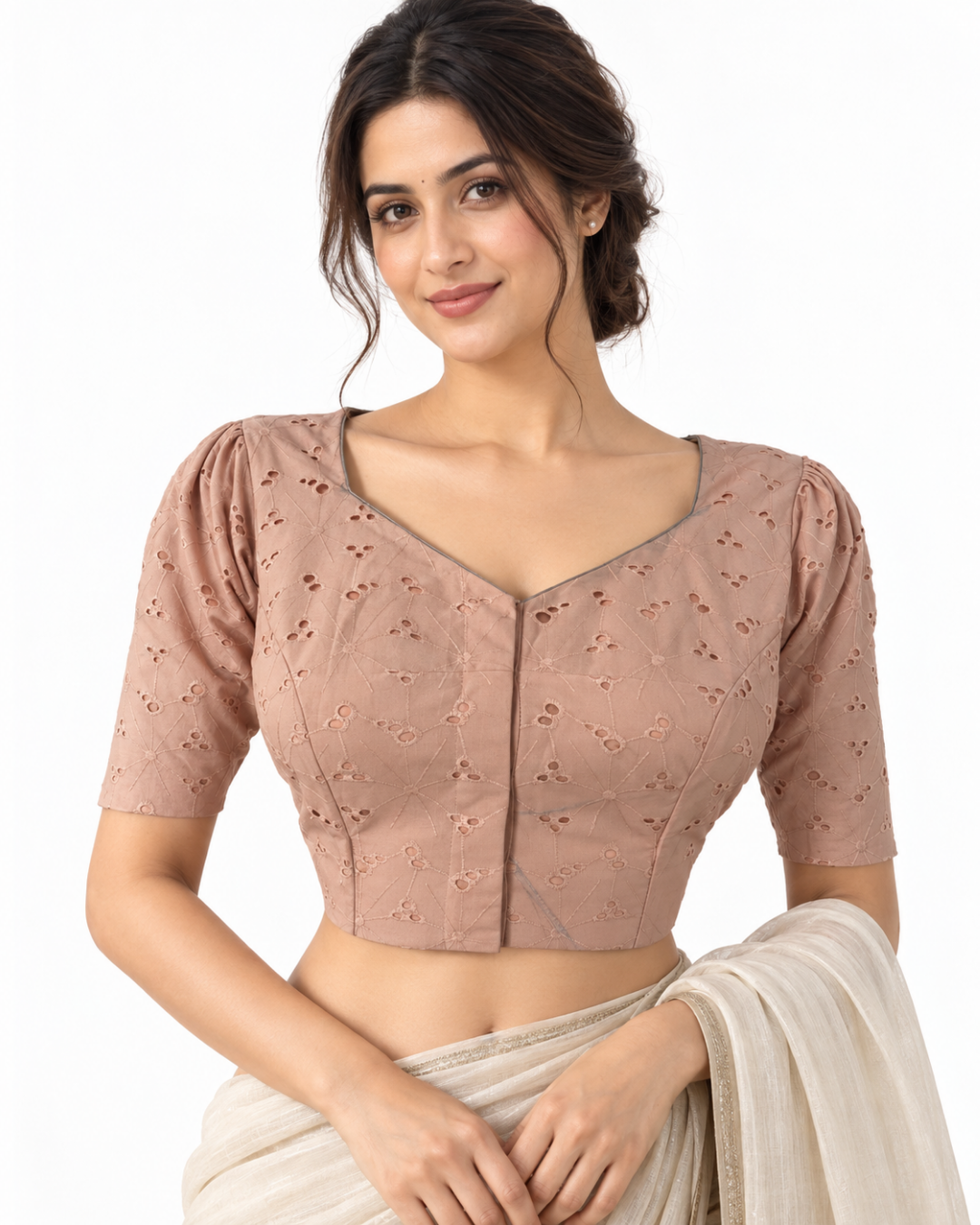 Hakoba Cotton Sweetheart  Neck Blouse with Puff Sleeves & Lining, Pastel Peach , BW1169
