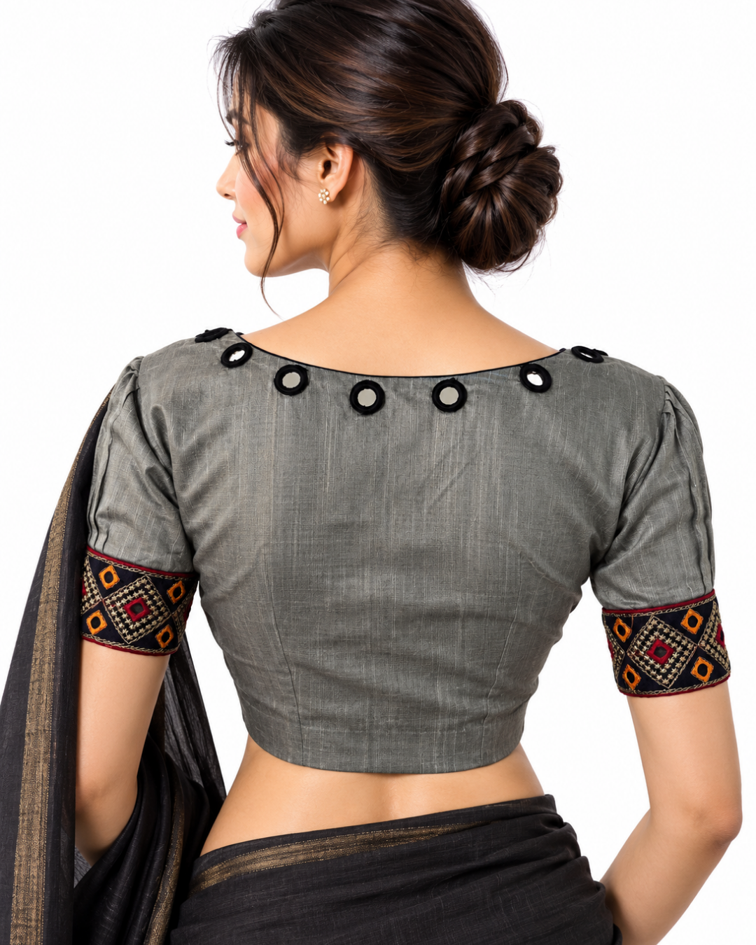 Semi-Raw Silk Y Neck Blouse with Embroidered Mirror Work & Puff Sleeves and  Lining ,Grey ,BS1188
