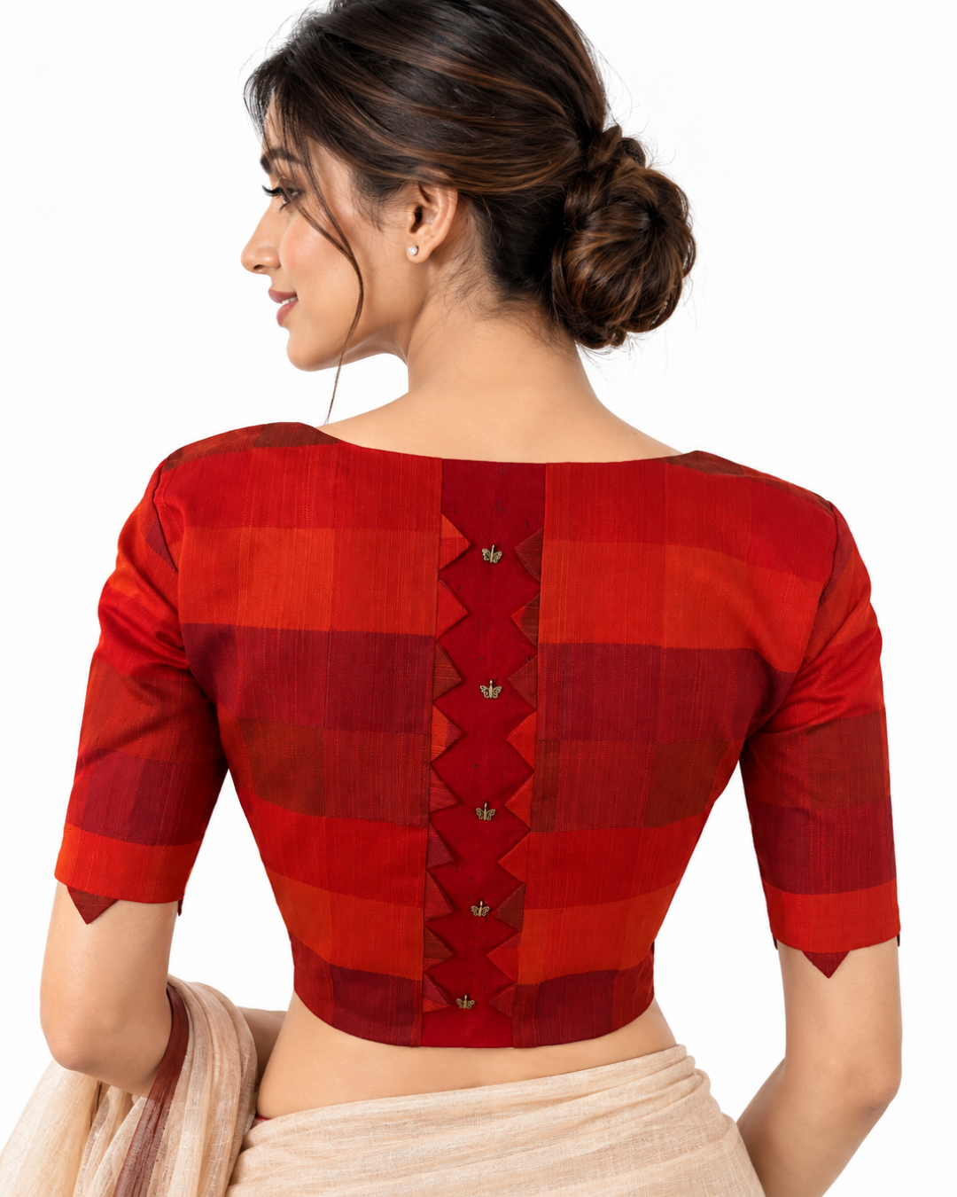 Semi Raw Silk Checkered Square Neck Blouse with Metal Embellishments & Lining, Orange - Red , BS1206