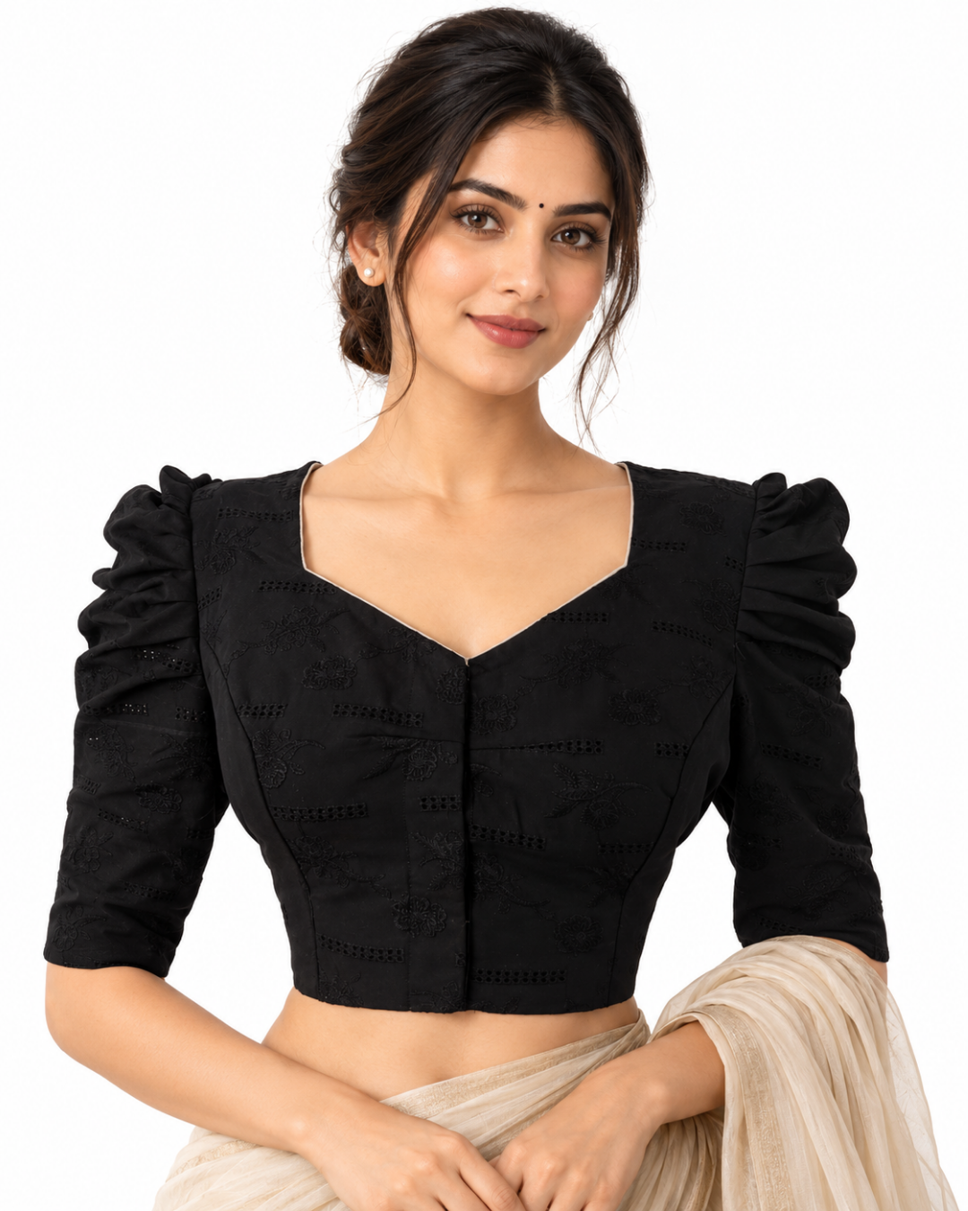 Hakoba Cotton Sweetheart neck Blouse with Gathered Puff Sleeves & Lining,  Black, BW1162
