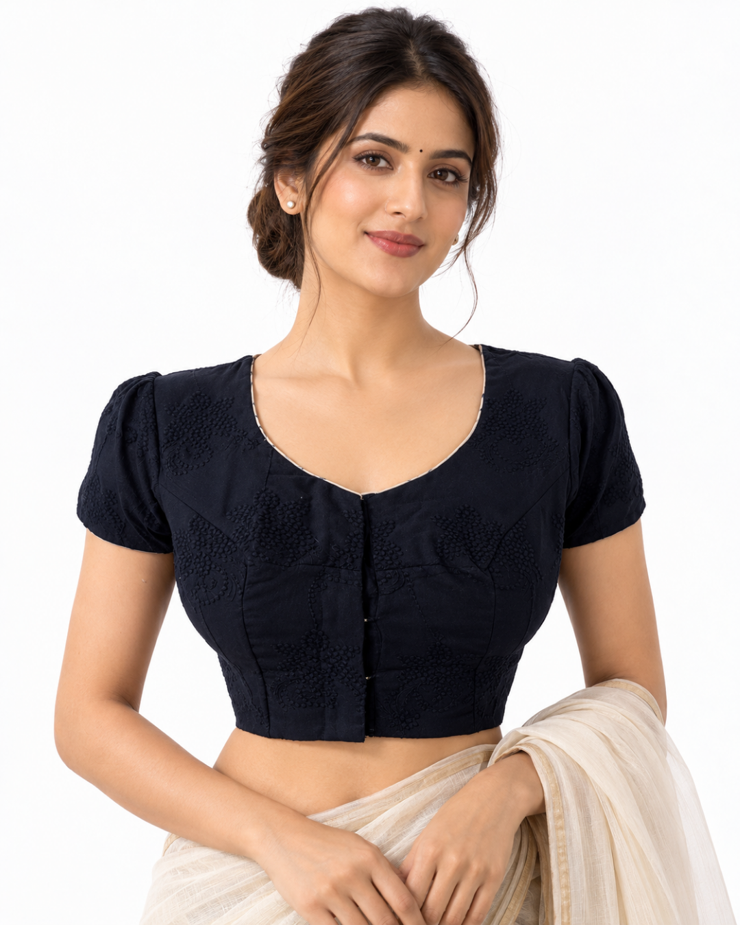 Hakoba Cotton Round Neck with Short puff Sleeves Blouse and Lining , Navy blue , BW1179