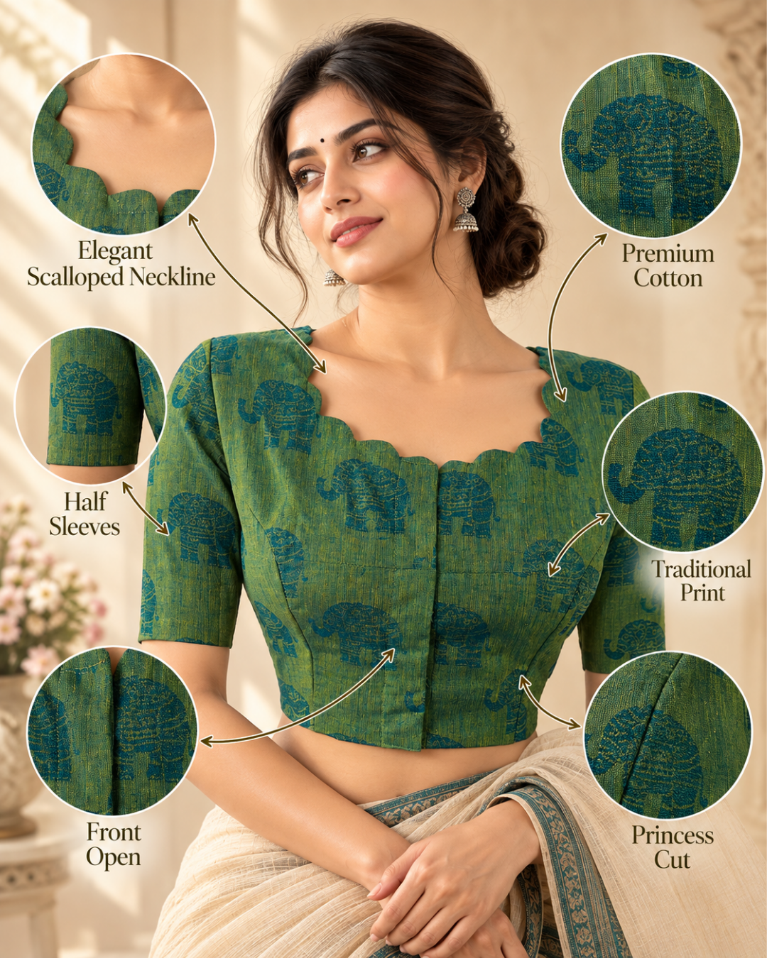 Jacquard Cotton Scallop neck Blouse wit Lining, Parrot Green, BH1271