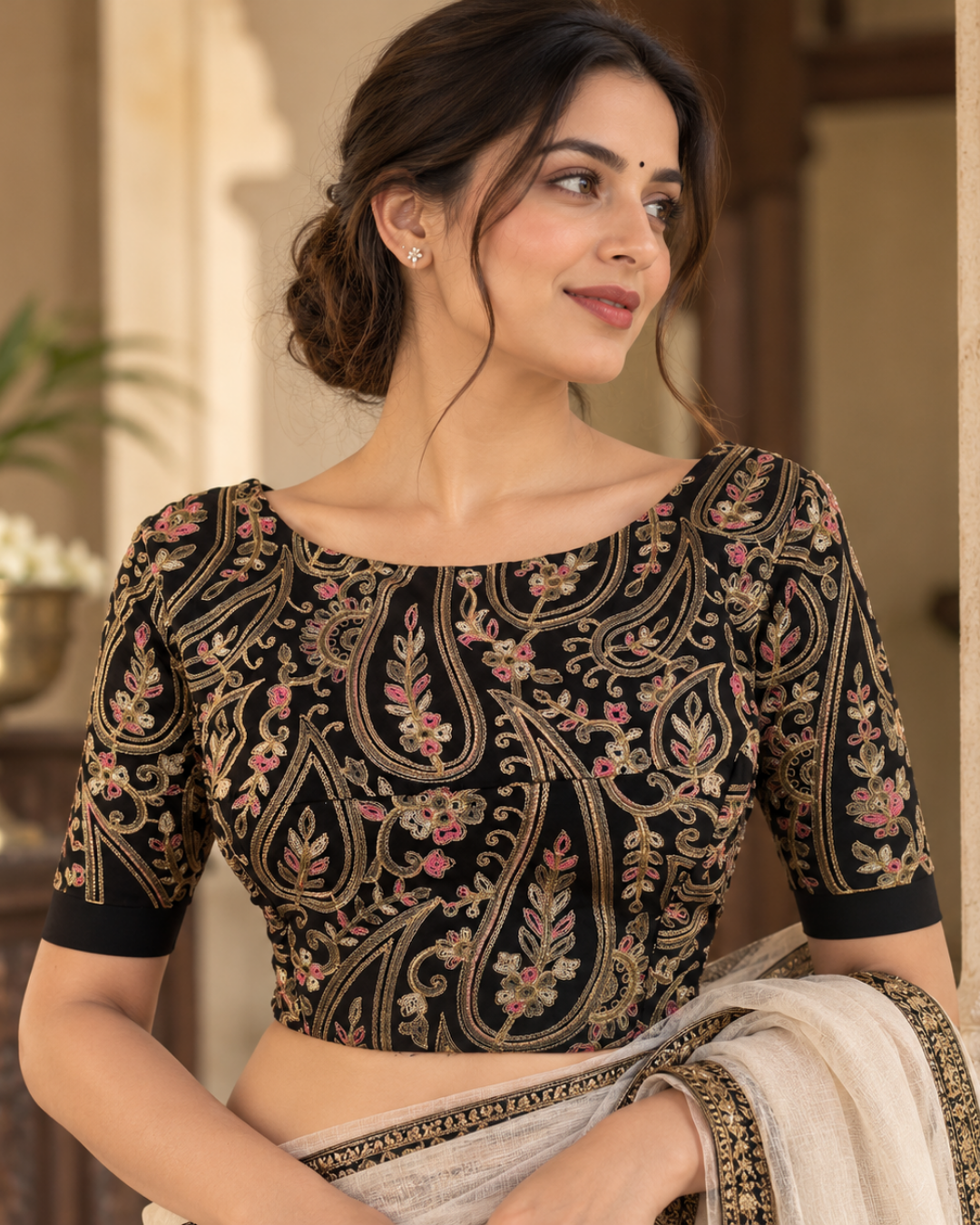 Heavy Embroidered Cotton Boat Neck Blouse with V neck in the Back, Black, BW1170
