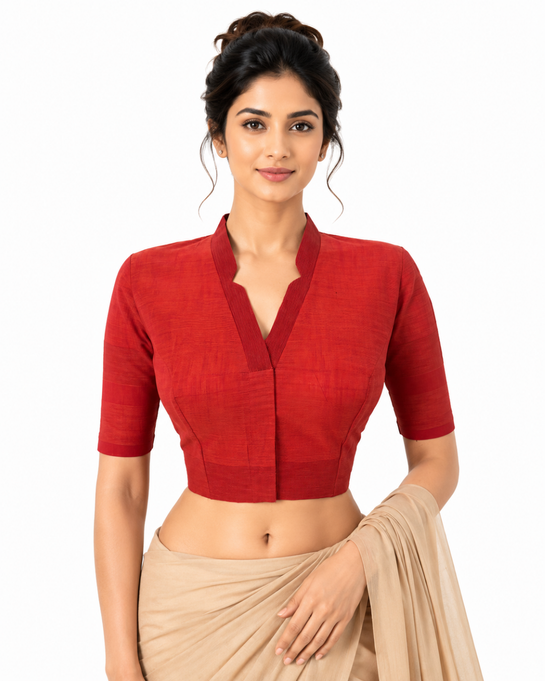 Handloom Woven Cotton V-collar Blouse , Rust- Orange , BH1301