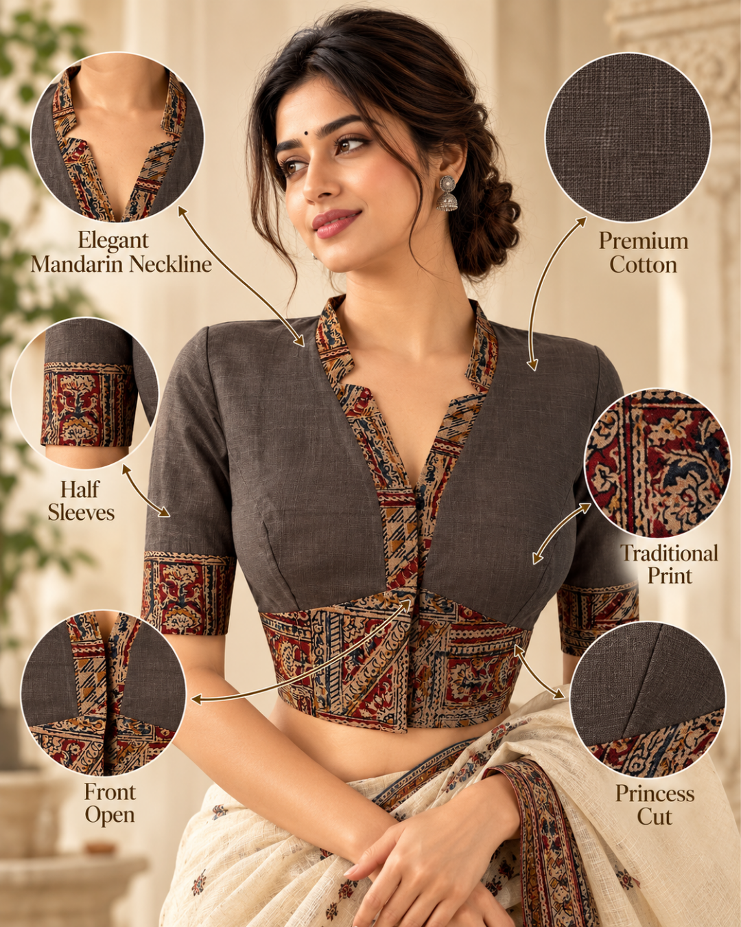 Handloom Flex Cotton V-collar neck Blouse with Kalamkari Patches,Grey, BH1298